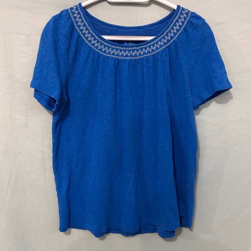 Talbots Blue Cotton Slub Embroidered Scoop Neck Short Sleeve Top Womens Medium